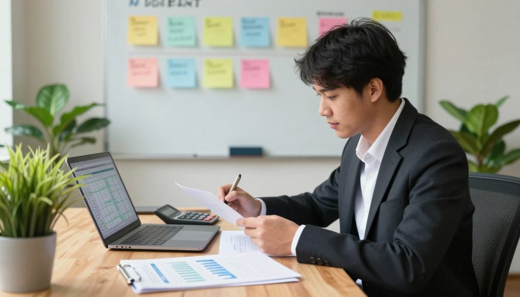 A serene home office setting depicting a young professional in business attire, sitting at a wooden desk cluttered with financial documents, a laptop displaying a budget spreadsheet, and a calculator. The person, a focused individual of Asian descent, is analyzing their financial situation, surrounded by vibrant green plants for a touch of life. In the background, a whiteboard is filled with color-coded notes outlining debt repayment strategies, such as the snowball and avalanche methods. Soft, warm lighting enhances the atmosphere, creating a calm and motivational vibe. The image is captured with a shallow depth of field, with the foreground in sharp focus while the background gently blurs, emphasizing the individual’s dedication to mastering their debt management.