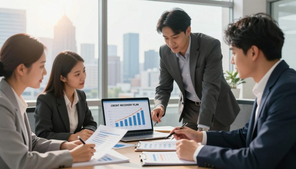 A visually engaging depiction of a credit recovery plan, centered in a modern office environment. In the foreground, a diverse group of three professionals, dressed in smart business attire, collaboratively discussing strategies while reviewing charts and documents about credit scores. The middle layer features an open laptop displaying graphs of credit improvement metrics, alongside a notepad filled with bullet points for action steps. In the background, a large window reveals a city skyline, illuminated by warm sunlight, creating an optimistic atmosphere. The overall mood is one of determination and hope, emphasizing a proactive approach to financial recovery. The scene is captured in bright, natural lighting with a slightly shallow depth of field, highlighting the team’s focus and collaboration.