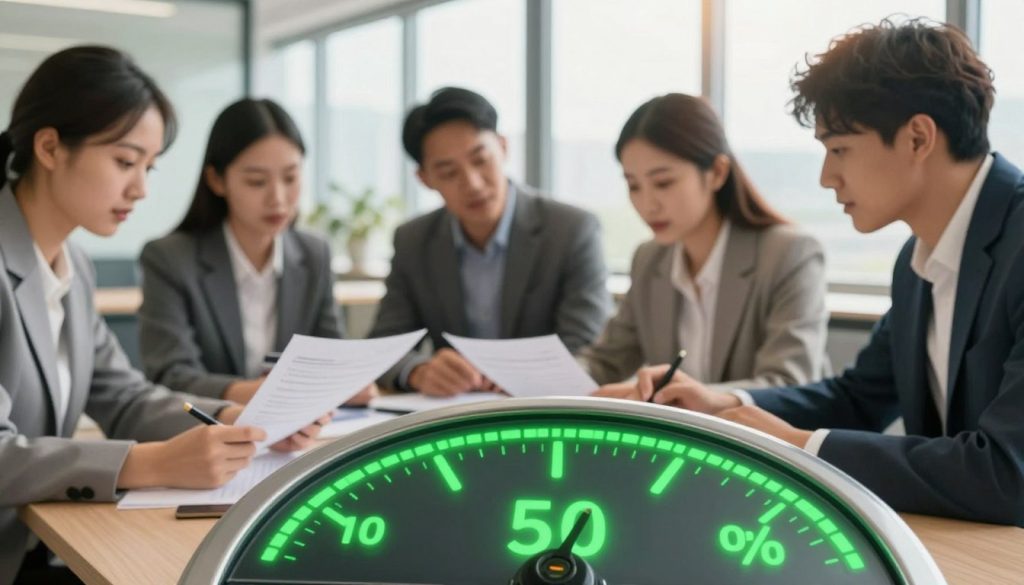 A visually engaging representation of credit utilization ratio. In the foreground, display a digital gauge or meter showing a percentage, illuminated in bright green, symbolizing optimal credit utilization. In the middle, incorporate a diverse group of professional individuals dressed in business attire, analyzing documents and discussing strategies for managing credit. Their expressions should convey focus and determination. In the background, add a blurred office setting with large windows allowing natural light to stream in, creating a warm and optimistic atmosphere. The overall mood should be one of empowerment and financial savvy, highlighting the importance of managing credit wisely. Use a slightly elevated angle to provide depth and emphasize the action in the scene.
