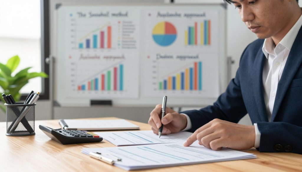 A well-organized workspace representing effective debt repayment strategies. In the foreground, a wooden desk with a calculator, budgeting worksheets, and a cup of pens is neatly arranged. A professional-looking individual in business attire thoughtfully analyzes the documents, their expression focused and determined. In the middle ground, a large whiteboard filled with colorful graphs and bullet points outlines various repayment strategies, such as the snowball method and avalanche approach. In the background, natural light streams in through a window, illuminating a plant beside the desk, creating a calm and productive atmosphere. The overall mood is one of empowerment and financial clarity, with warm, inviting lighting and a soft-focus effect on the background, emphasizing the foreground action.