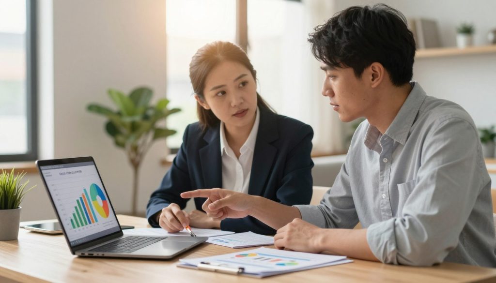 A young adult couple thoughtfully reviewing their finances at a modern, stylish desk in a well-lit, cozy home office. The foreground features a laptop displaying a colorful credit score chart and a few financial documents, symbolizing the importance of understanding credit scores. In the middle, the couple is dressed in professional business attire, engaged in a serious discussion while one person is pointing at the screen, emphasizing the impact of their credit score on future financial opportunities. The background shows a window with sunlight streaming in, creating a warm, inviting atmosphere that conveys hope and motivation. A potted plant adds a touch of warmth and life to the scene, suggesting growth and improvement. The overall mood is focused yet optimistic, highlighting the journey of financial literacy.