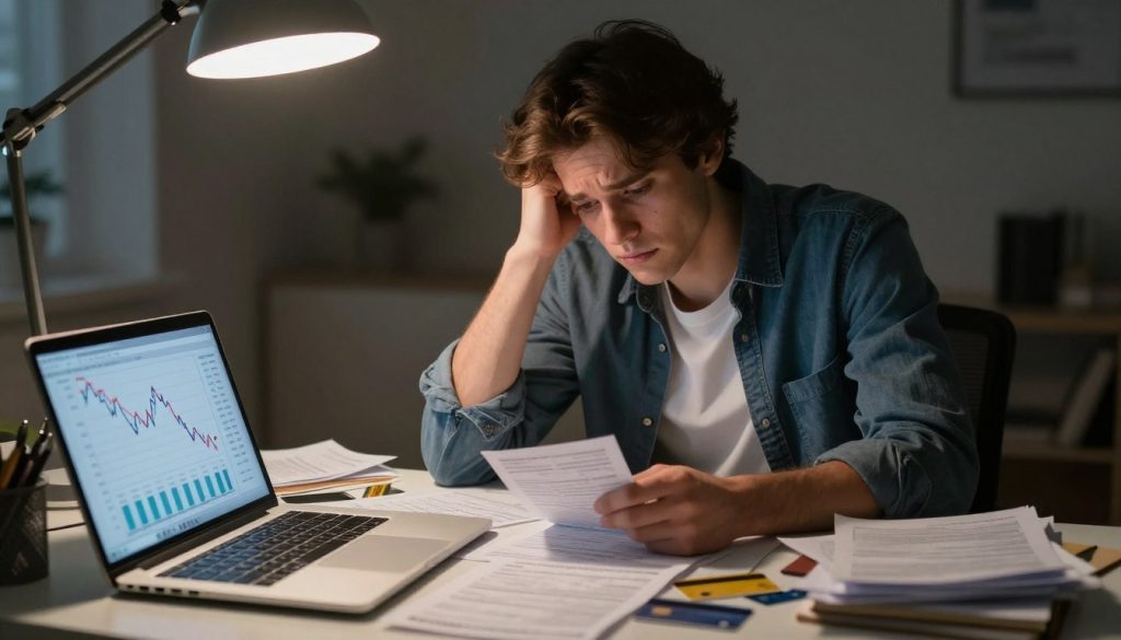 A young adult sitting at a cluttered desk, surrounded by bills and credit card statements, illustrating overwhelming debt. In the foreground, a laptop displays financial graphs with declining trends, symbolizing lost control. The middle ground features an anxious expression on the young adult’s face, dressed in smart casual attire, reflecting worry and confusion. The background subtly incorporates a dimly lit room, with shadows suggesting a feeling of entrapment. Warm overhead lighting creates a stark contrast, emphasizing the subject's expression while casting soft shadows around the clutter. The mood is tense and contemplative, evoking the weight of financial stress faced by young adults in today's society.