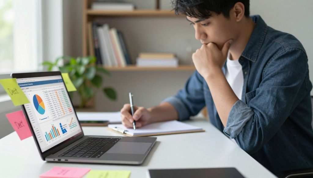 A young adult sitting at a modern desk, diligently analyzing a budget spreadsheet on a laptop, surrounded by colorful charts and sticky notes outlining various debt repayment strategies. In the foreground, a close-up focuses on the laptop screen displaying pie charts and debt reduction plans, symbolizing structured financial management. The middle ground features the individual, dressed in smart casual attire, deep in thought as they write notes with a pen. The background shows a well-organized bookshelf filled with finance books and a plant adding a touch of warmth. Soft, natural lighting filters through a nearby window, creating a calm and focused atmosphere, emphasizing clarity and determination in financial planning.